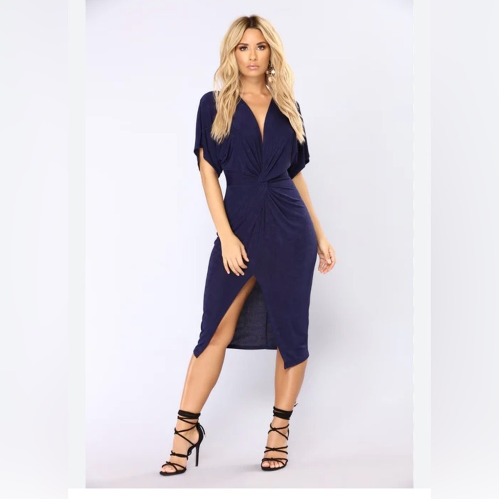 NWT Fashion Nova Navy Blue Midi Dress with Twist Front and High Slit